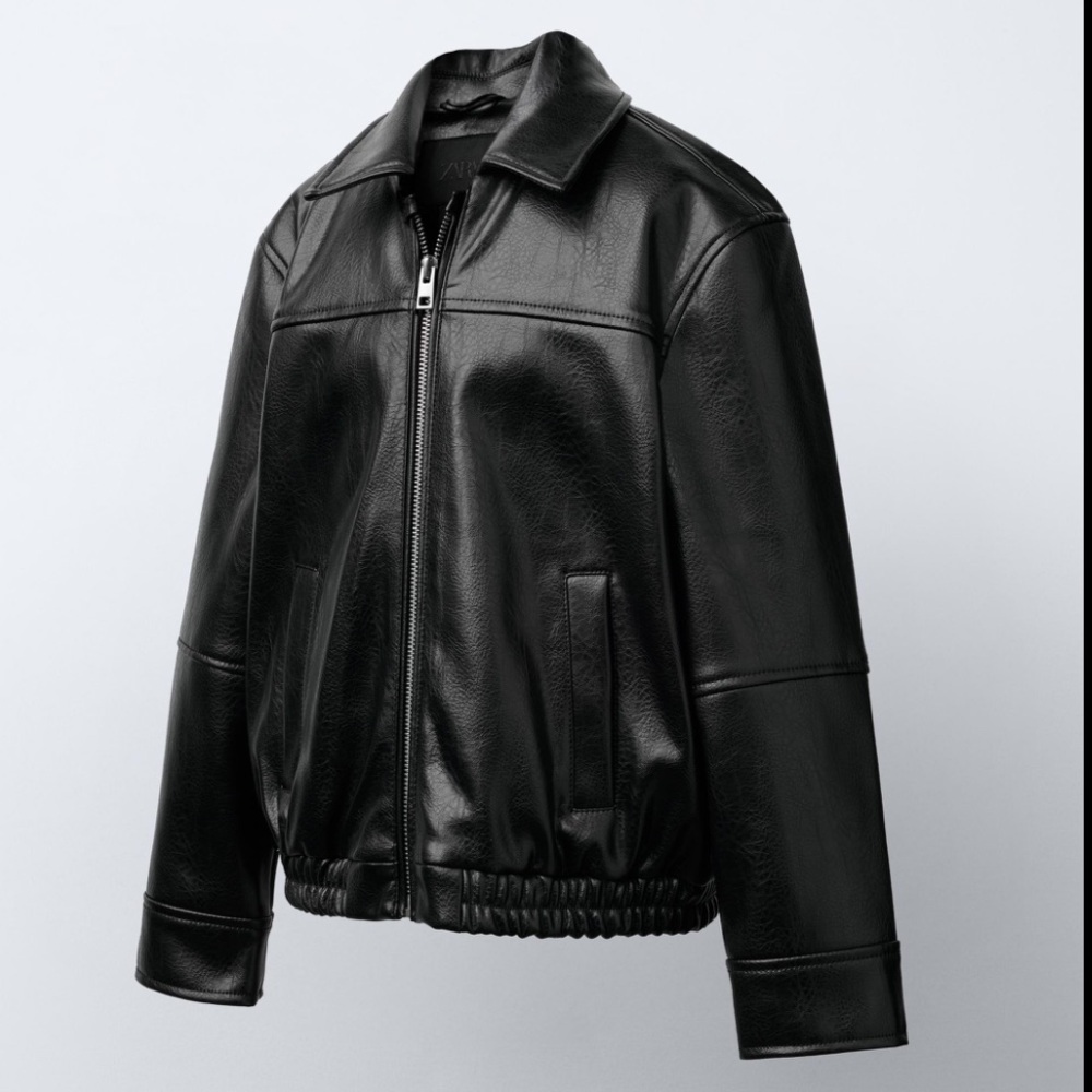 Zara Black Faux Leather Bomber Jacket